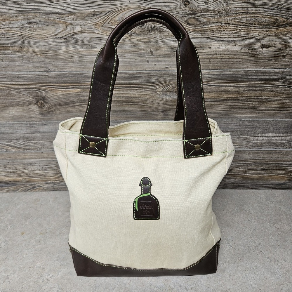 Patron Tequila Canvas Tote Bag Brown Leather‎ Trim Green Lining Insulated Pocket